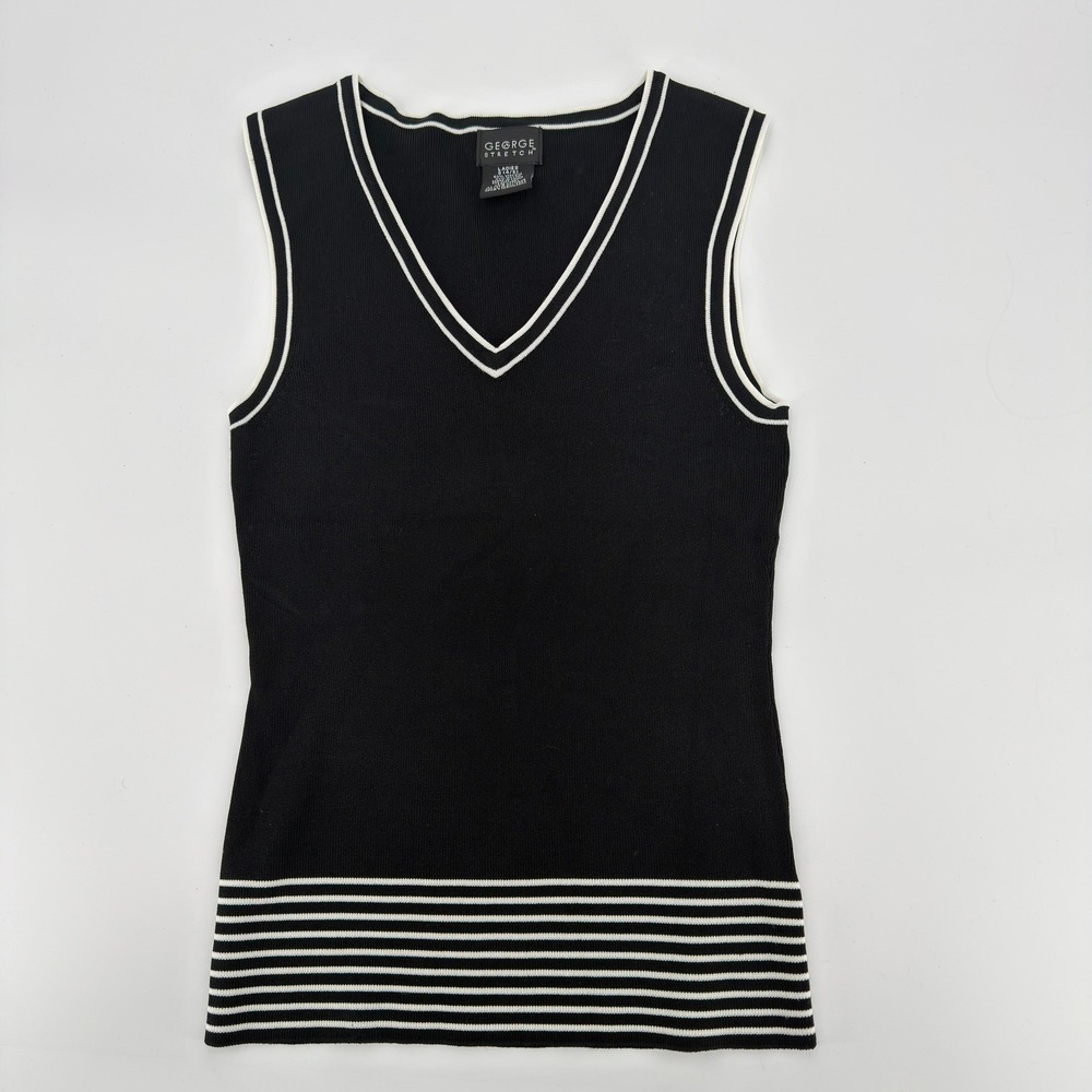 George Stretch Black White Striped V Neck Sleeveless Knit Top Womens L - Picture 1 of 5